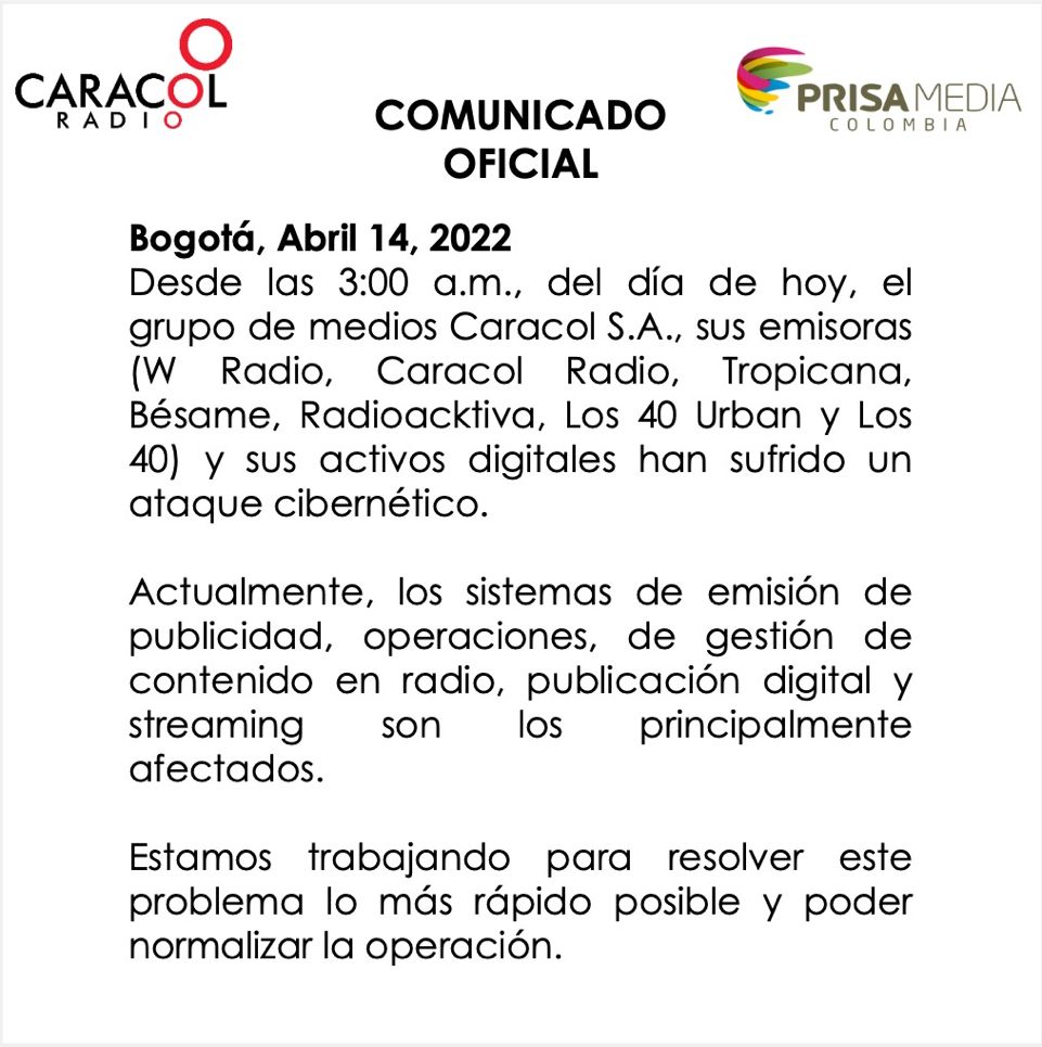 Caracol - La W - Radioacktiva y otras emisoras fueron víctimas de un ciberataque